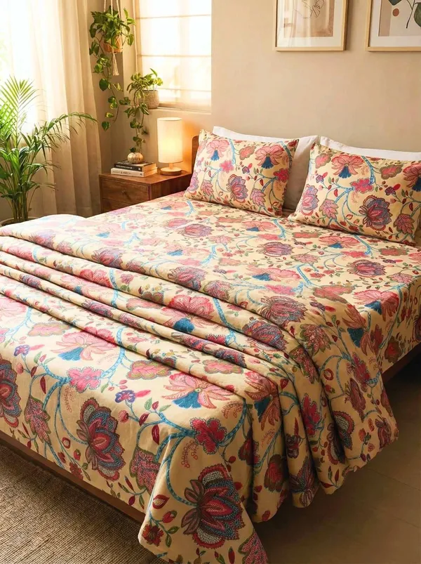Bedsheet_and_dohar_set_in_cotton_in_beautiful_floral_print_on_lovely_yellow