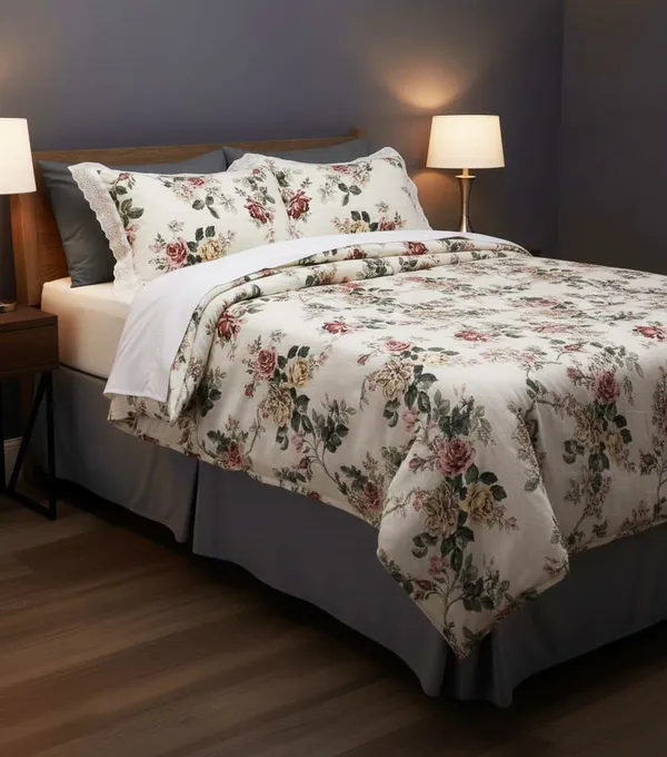 Exquisite_Floral_Print_In_Maroon_On_Cream_Pure_Cotton_Double_Bedsheet_And_Two_Pillow_Covers_Decorated_With_Beautiful_Double_Lace