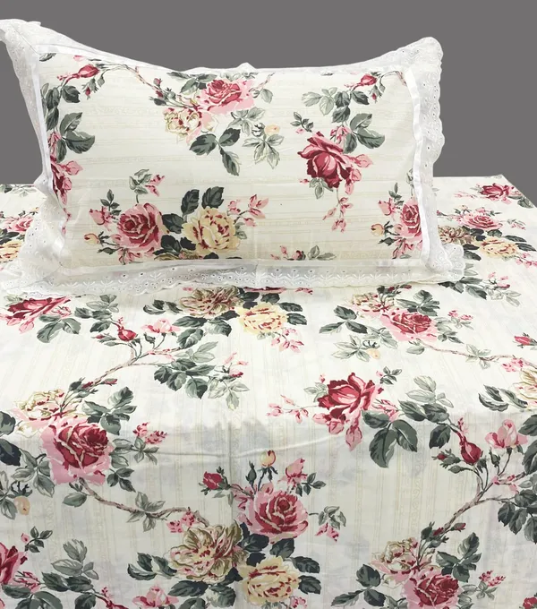 Exquisite_Floral_Print_In_Maroon_On_Cream_Pure_Cotton_Double_Bedsheet_And_Two_Pillow_Covers_Decorated_With_Beautiful_Double_Lace