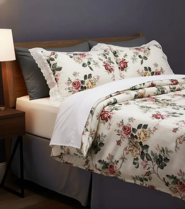 Exquisite_Floral_Print_In_Maroon_On_Cream_Pure_Cotton_Double_Bedsheet_And_Two_Pillow_Covers_Decorated_With_Beautiful_Double_Lace