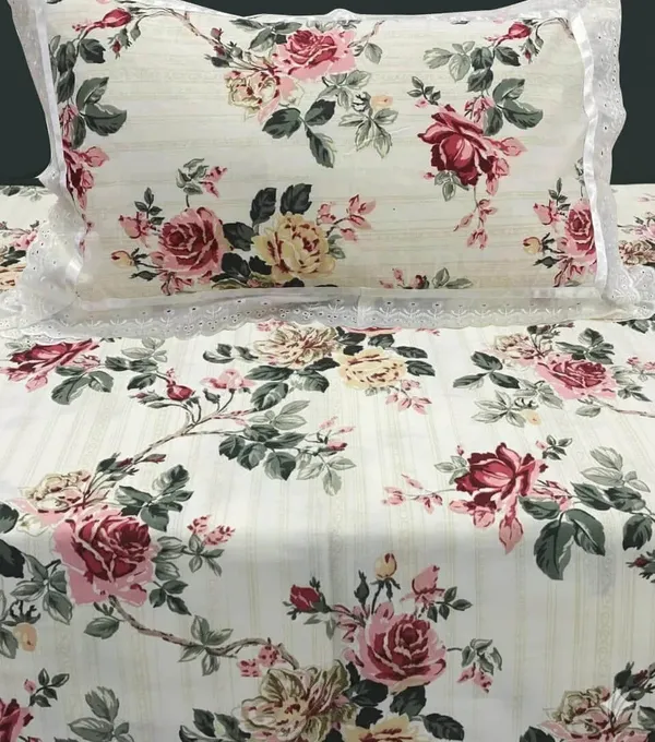 Exquisite_Floral_Print_In_Maroon_On_Cream_Pure_Cotton_Double_Bedsheet_And_Two_Pillow_Covers_Decorated_With_Beautiful_Double_Lace