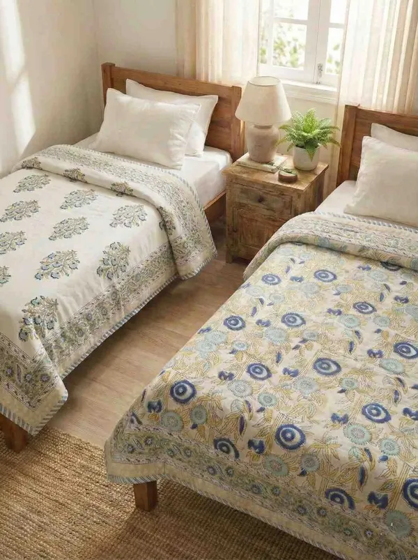 Exquisite_pure_cotton_mulmul_pair_of_single_handblock_dohars_with_inner_layer_in_flannel_in_beautiful_blue_and_yellow_on_white