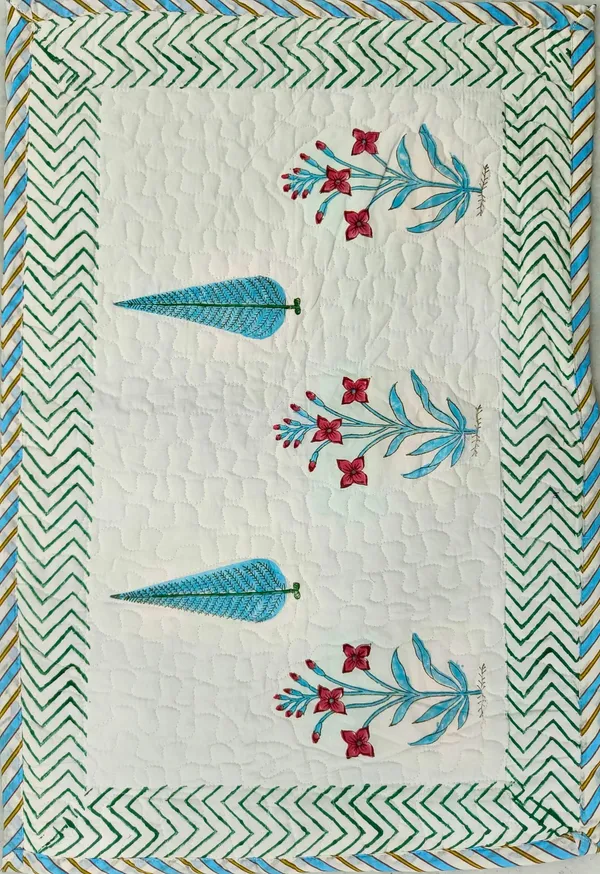 Exquisite_pure_cotton_mulmul_pair_of_single_handblock_dohars_with_inner_layer_in_flannel_in_beautiful_turquoise_,yellow_and_maroon_on_white