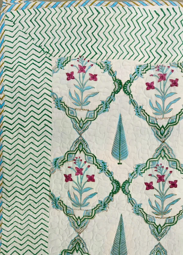 Exquisite_pure_cotton_mulmul_pair_of_single_handblock_dohars_with_inner_layer_in_flannel_in_beautiful_turquoise_,yellow_and_maroon_on_white