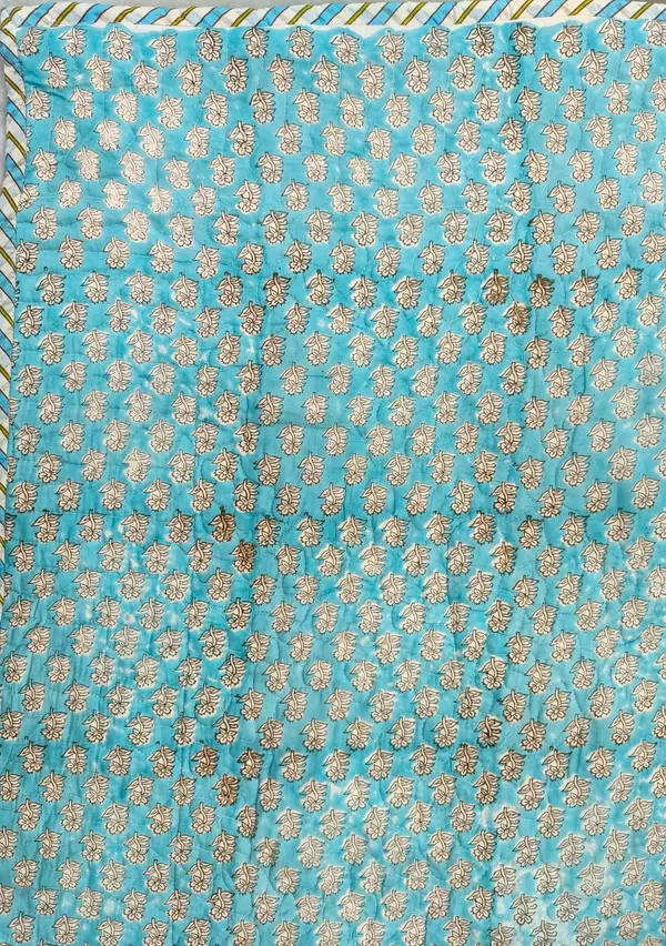 Exquisite_pure_cotton_mulmul_pair_of_single_handblock_dohars_with_inner_layer_in_flannel_in_beautiful_turquoise_,yellow_and_maroon_on_white