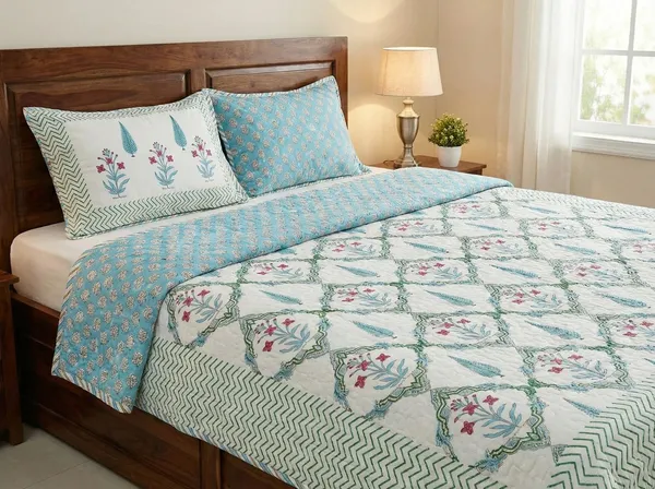Exquisite_pure_cotton_mulmul_pair_of_single_handblock_dohars_with_inner_layer_in_flannel_in_beautiful_turquoise_,yellow_and_maroon_on_white