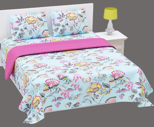 Exquisite_Print_In_Pink_And_Yellow_On_Blue_Premium_Twill_Cotton_Double_Bedsheet_With_Two_Pillow_Covers