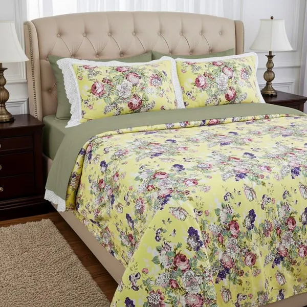 Exquisite_floral_bloom_on_light_yellow_on_premium_cotton_bedsheet_and_two_pillow_covers_decorated_with_double_lace