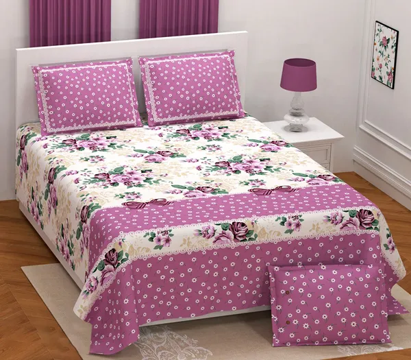 Exquisite_Pink_On_White_Floral_Premium_Twill_Cotton_Double_Bedsheet_With_Two_Pillow_Covers