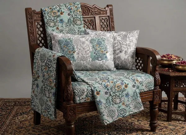 Exquisite_floral_print_in_green_and_grey_cotton_double_bedsheet_and_two_pillow_covers