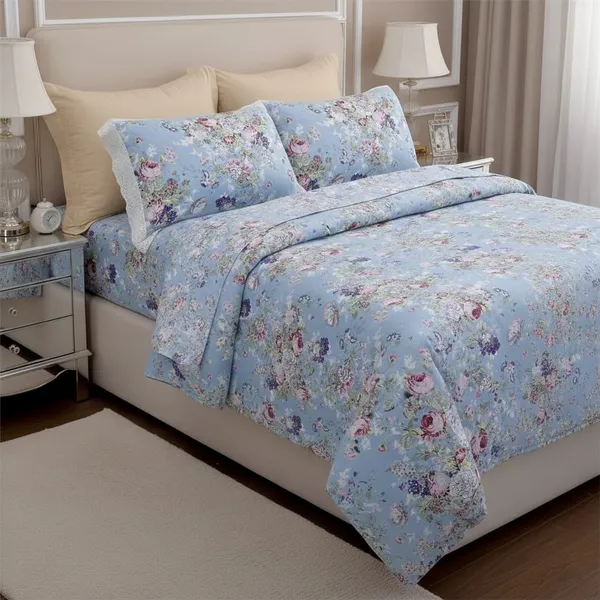 Exquisite_floral_bloom_on_light_blue_on_premium_cotton_bedsheet_and_two_pillow_covers_decorated_with_double_lace