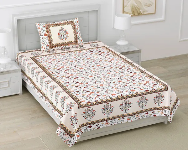 Exquisite_Jaal_Print_In_Orange_And_Brown_In_Pure_Premium_Cotton_On_Single_Bedsheet_With_One_Pillow_Cover
