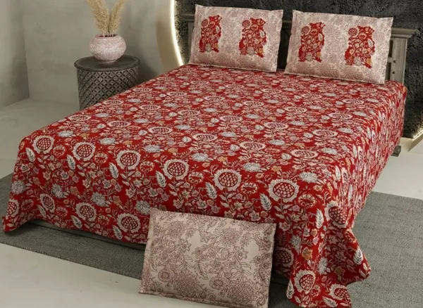 Exquisite_floral_print_in_red_and_beige_cotton_double_bedsheet_and_two_pillow_covers