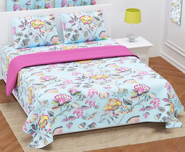 Exquisite_Print_In_Pink_And_Yellow_On_Blue_Premium_Twill_Cotton_Double_Bedsheet_With_Two_Pillow_Covers