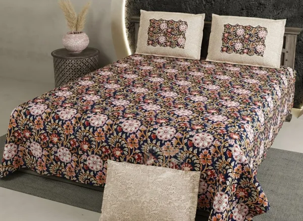 Exquisite_floral_print_in_Navy_blue_and_cream_cotton_double_bedsheet_and_two_pillow_covers