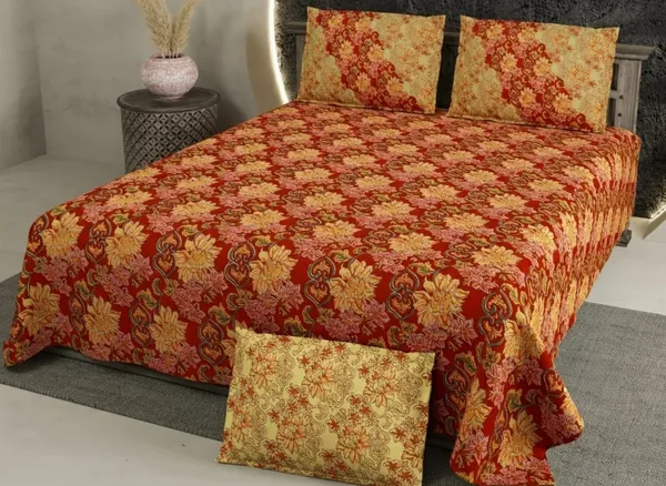 Exquisite_floral_print_in_maroon_and_mustard_premium_cotton_double_bedsheet_and_two_pillow_covers