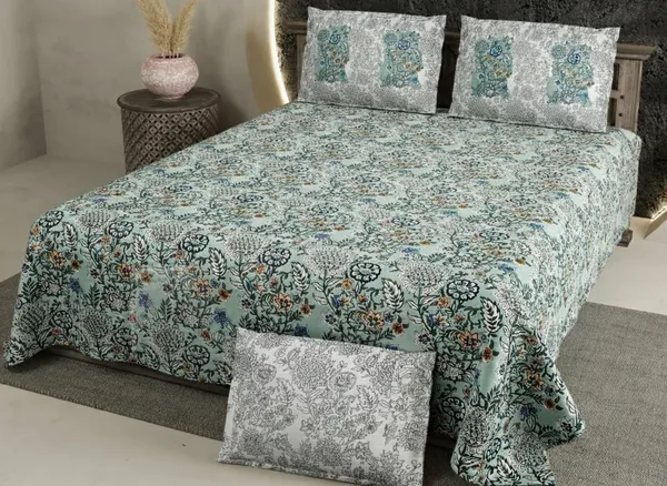 Exquisite_floral_print_in_green_and_grey_cotton_double_bedsheet_and_two_pillow_covers