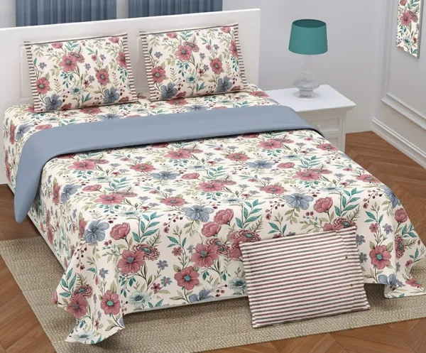 Exquisite_floral_print_in_peach_and_grey_on_light_peach_premium_twill_cotton_double_bedsheet_with_two_pillow_covers