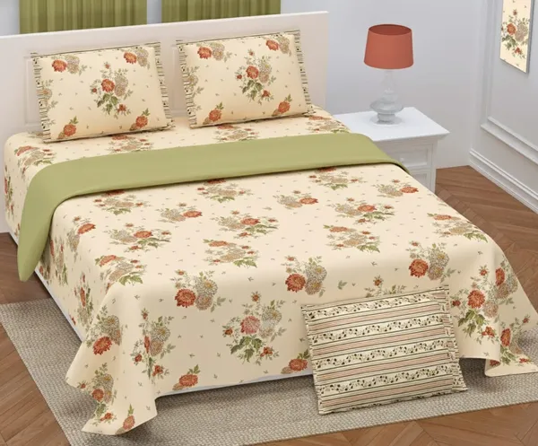 Exquisite_floral_print_in_brown_and_beige_on_peach_premium_twill_cotton_double_bedsheet_with_two_pillow_covers