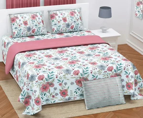 Exquisite_floral_print_in_peach_and__blue_on_very_light_green(almost_white)_premium_twill_cotton_double_bedsheet_with_two_pillow_covers