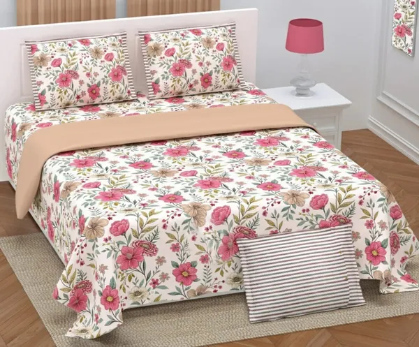 Exquisite_floral_print_in_peach_and__beige_on_light_peach_premium_twill_cotton_double_bedsheet_with_two_pillow_covers