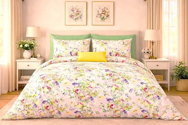 Exquisite_floral_bloom_on_light_pink_on_premium_cotton_bedsheet_and_two_pillow_covers