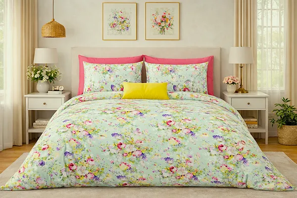 Exquisite_floral_bloom_on_light_green_on_premium_cotton_bedsheet_and_two_pillow_covers