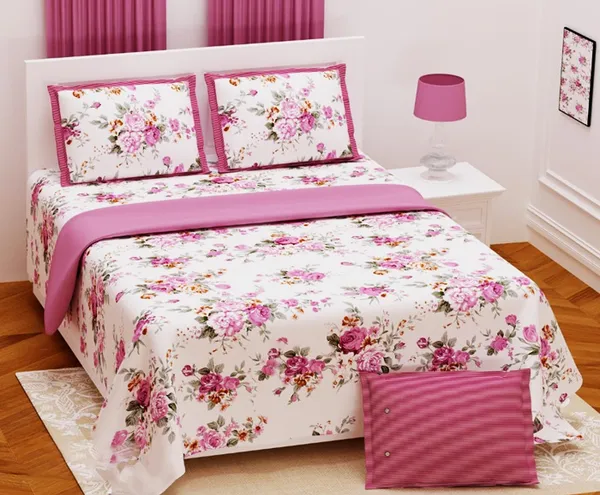 Shades_Of_Pastel_Peachish_Pink_And_Off_White_Floral_Print_on_Double_Bedsheet_and_Two_Pillow_covers