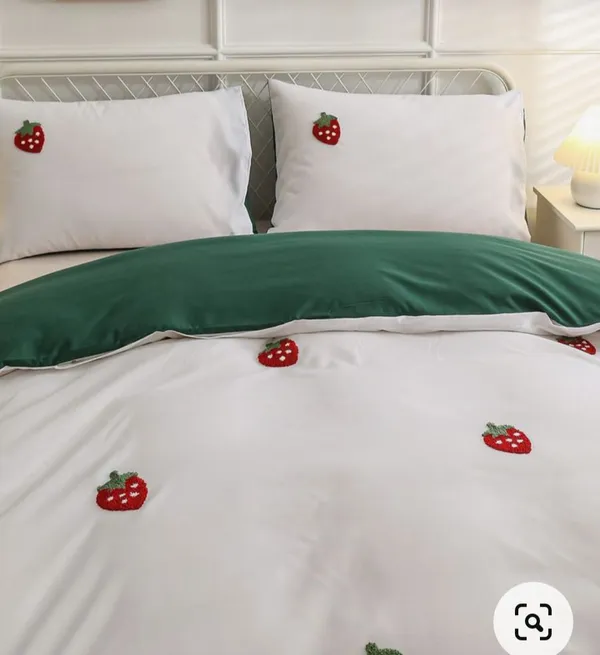 Exquisite_embroidered_bedsheet_with_red_strawberry_pattern_on_white_in_premium_cotton_bedsheet_along_with_two_pillow_covers