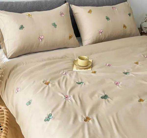 Exquisite_embroidered_cotton_bedsheet_with_multicolour_butterfly_pattern_on_beige_in_premium_cotton_bedsheet_along_with_two_pillow_covers