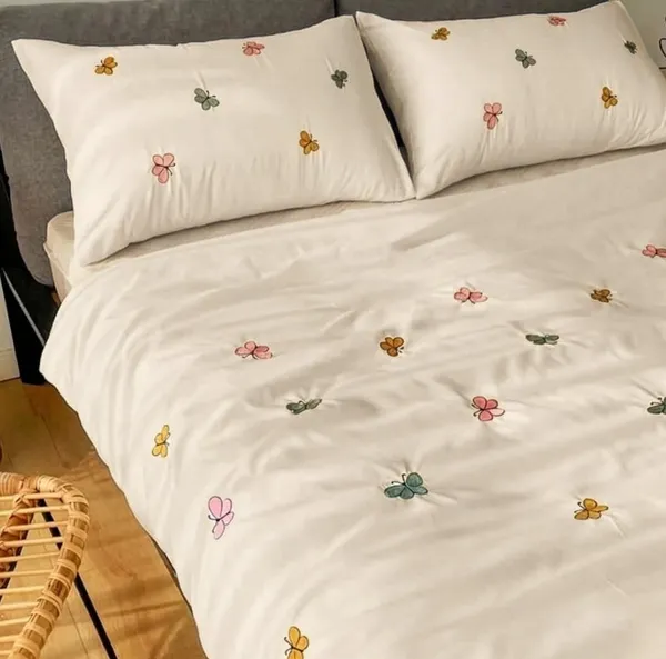 Exquisite_Embroidered_Bedsheet_In_Multicolour_Butterfly_Pattern_On_Light_Beige_Premium_Cotton_Bedsheet_With_Two_Pillow_Covers
