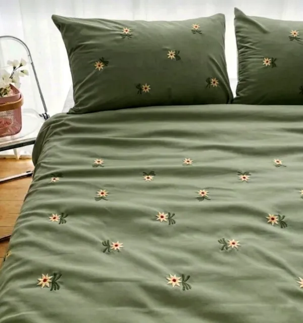 Exquisite_Embroidered_Bedsheet_With_Yellow_Floral_Pattern_On_Moss_Green_In_Premium_Cotton_Bedsheet_Along_With_Two_Pillow_Covers