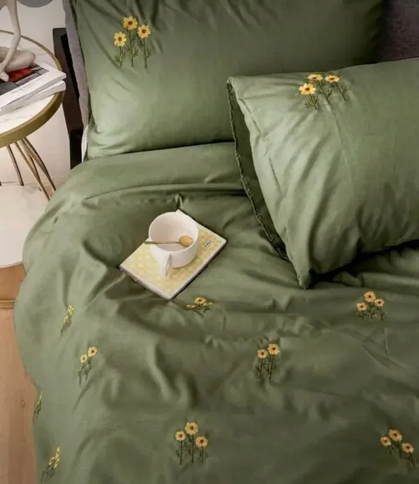 Exquisite_embroidered_bedsheet_in_triple_flower_pattern_in_yellow_on_moss_green_premium_cotton_bedsheet_with_two_pillow_covers