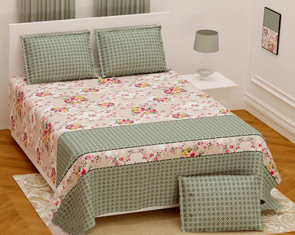 Exquisite_Green_On_Cream_Floral_Premium_Twill_Cotton_Double_Bedsheet_With_Two_Pillow_Covers