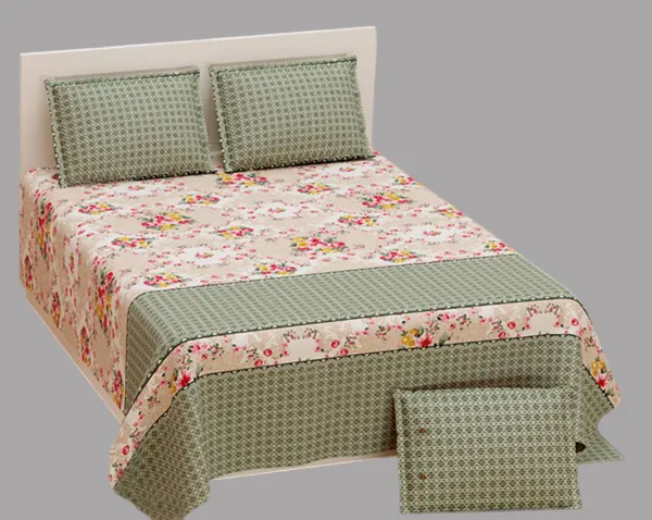 Exquisite_Green_On_Cream_Floral_Premium_Twill_Cotton_Double_Bedsheet_With_Two_Pillow_Covers