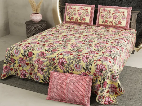 Exquisite_Floral_Print_on_Yellow_Cotton_Double_Bedsheet_and_Two_Pillow_Covers