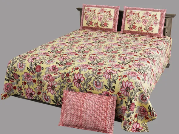 Exquisite_Floral_Print_on_Yellow_Cotton_Double_Bedsheet_and_Two_Pillow_Covers
