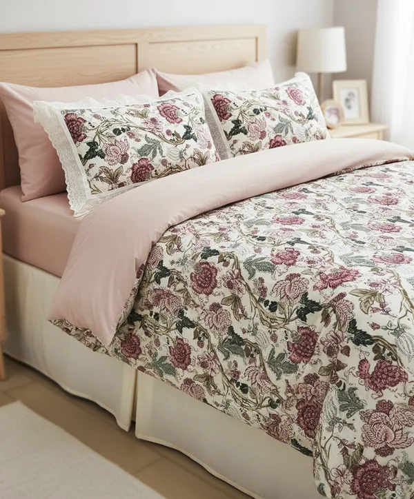 Exquisite_Floral_Print_In_Pink_On_Cream_Pure_Cotton_Double_Bedsheet_And_Two_Pillow_Covers_Decorated_With_Beautiful_Double_Lace