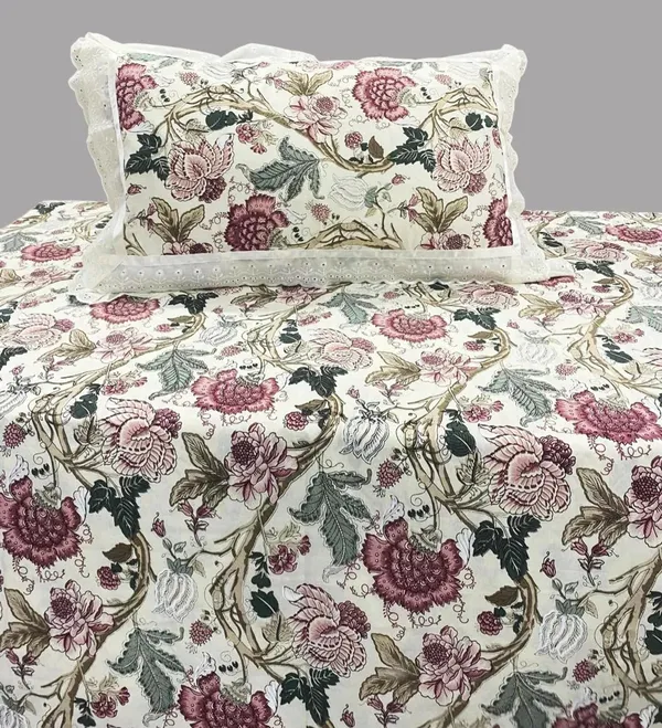 Exquisite_Floral_Print_In_Pink_On_Cream_Pure_Cotton_Double_Bedsheet_And_Two_Pillow_Covers_Decorated_With_Beautiful_Double_Lace