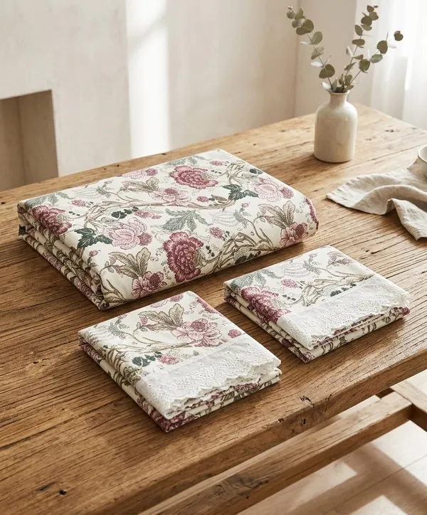 Exquisite_Floral_Print_In_Pink_On_Cream_Pure_Cotton_Double_Bedsheet_And_Two_Pillow_Covers_Decorated_With_Beautiful_Double_Lace