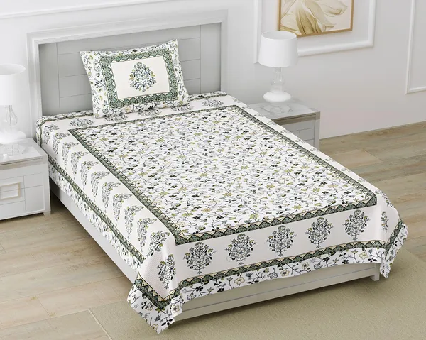 Exquisite_Jaal_Print_In_Green_On_Cream_In_Pure_Premium_Cotton_On_Single_Bedsheet_With_One_Pillow_Cover
