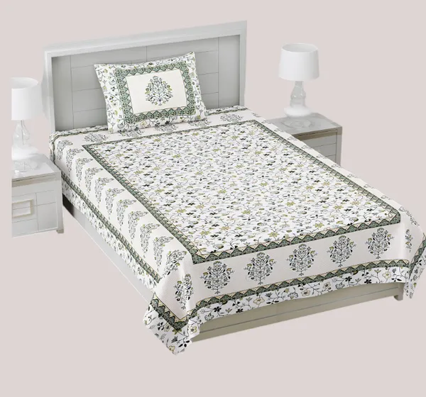 Exquisite_Jaal_Print_In_Green_On_Cream_In_Pure_Premium_Cotton_On_Single_Bedsheet_With_One_Pillow_Cover