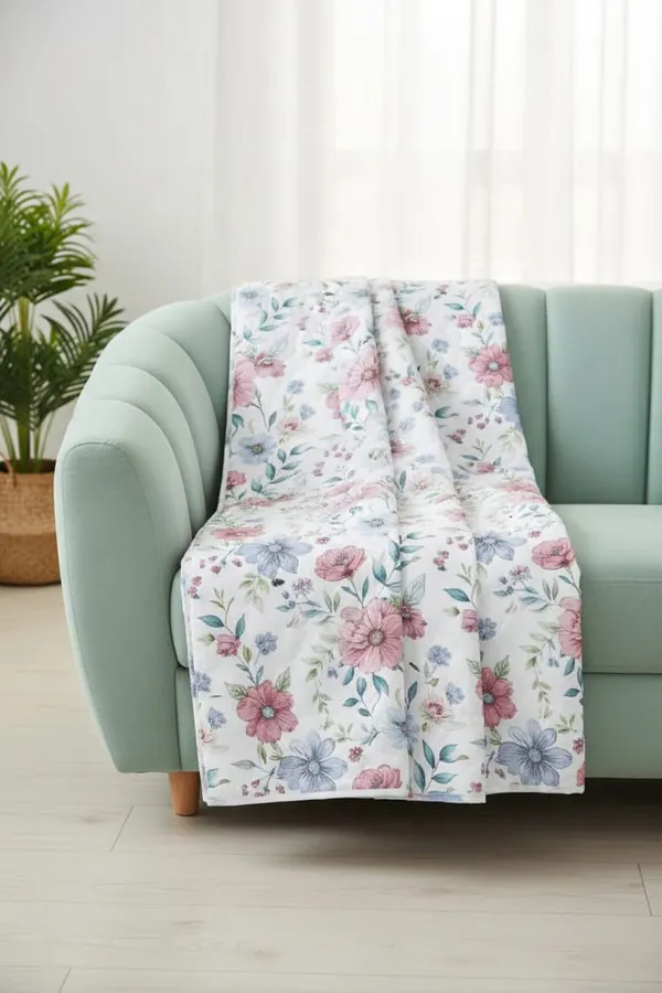 Exquisite_floral_print_in_peach_and__blue_on_very_light_green(almost_white)_premium_twill_cotton_double_bedsheet_with_two_pillow_covers