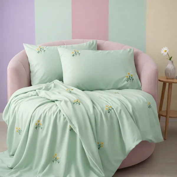 Exquisite_embroidered_bedsheet_in_triple_flower_pattern_in_yellow_on_green_premium_cotton_bedsheet_with_two_pillow_covers