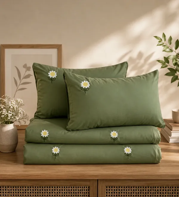 Exquisite_embroidered_bedsheet_with_white_daisy_floral_pattern_on_moss_green_in_premium_cotton_bedsheet_along_with_two_pillow_covers