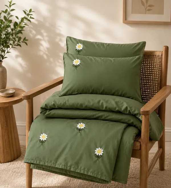 Exquisite_embroidered_bedsheet_with_white_daisy_floral_pattern_on_moss_green_in_premium_cotton_bedsheet_along_with_two_pillow_covers