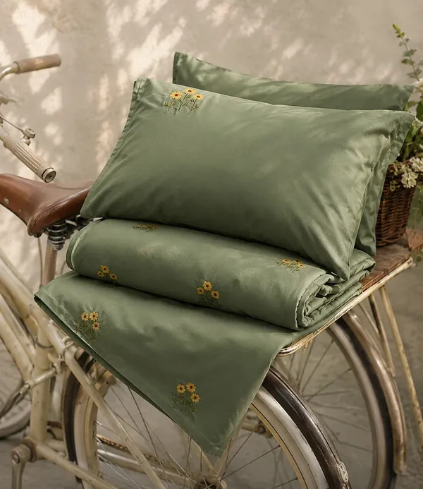 Exquisite_embroidered_bedsheet_in_triple_flower_pattern_in_yellow_on_moss_green_premium_cotton_bedsheet_with_two_pillow_covers