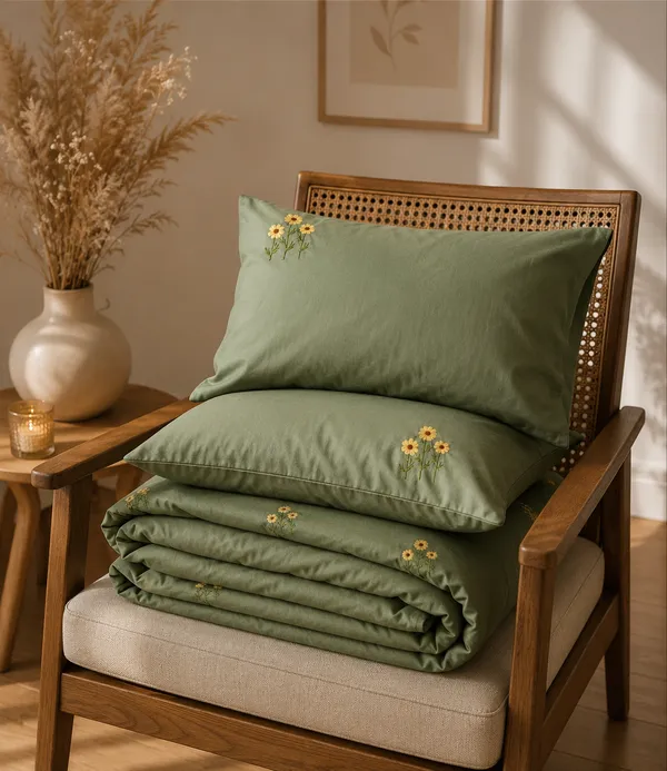 Exquisite_embroidered_bedsheet_in_triple_flower_pattern_in_yellow_on_moss_green_premium_cotton_bedsheet_with_two_pillow_covers