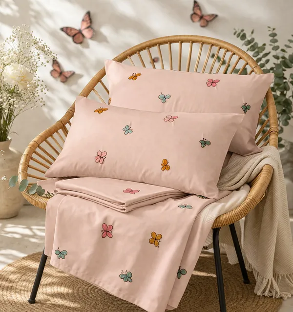Exquisite_Embroidered_Bedsheet__In_Multicolour_Butterfly_Pattern_On_Peach_Premium_Cotton_Bedsheet_With_Two_Pillow_Covers