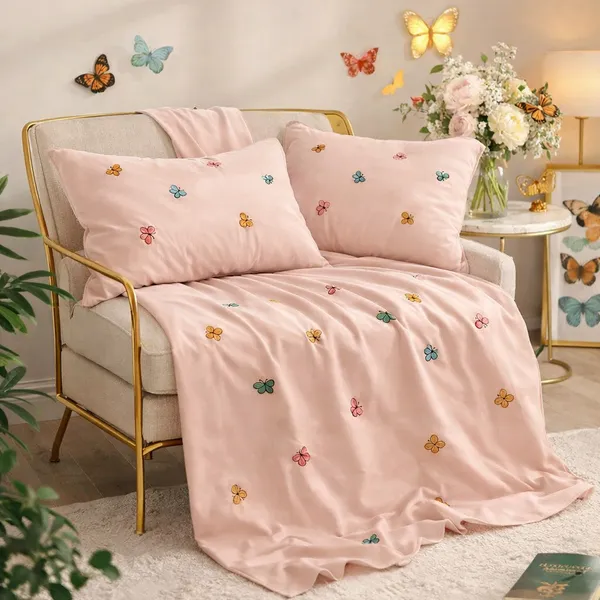 Exquisite_Embroidered_Bedsheet__In_Multicolour_Butterfly_Pattern_On_Peach_Premium_Cotton_Bedsheet_With_Two_Pillow_Covers